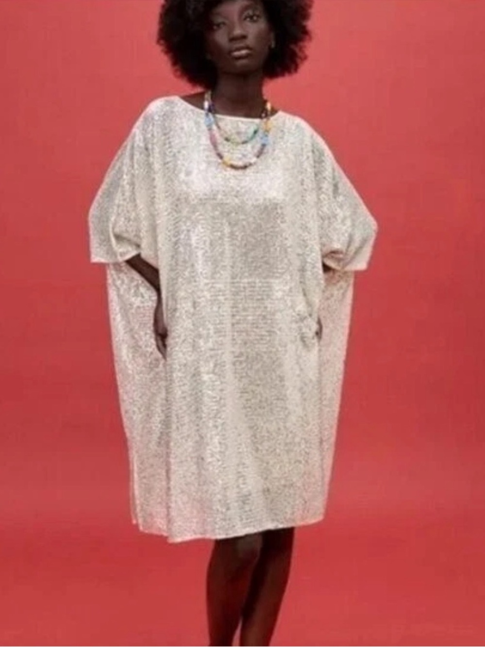 Zara Silver Sequin Oversized Shift Dress Boat Neck Short Sleeve Womens S-M